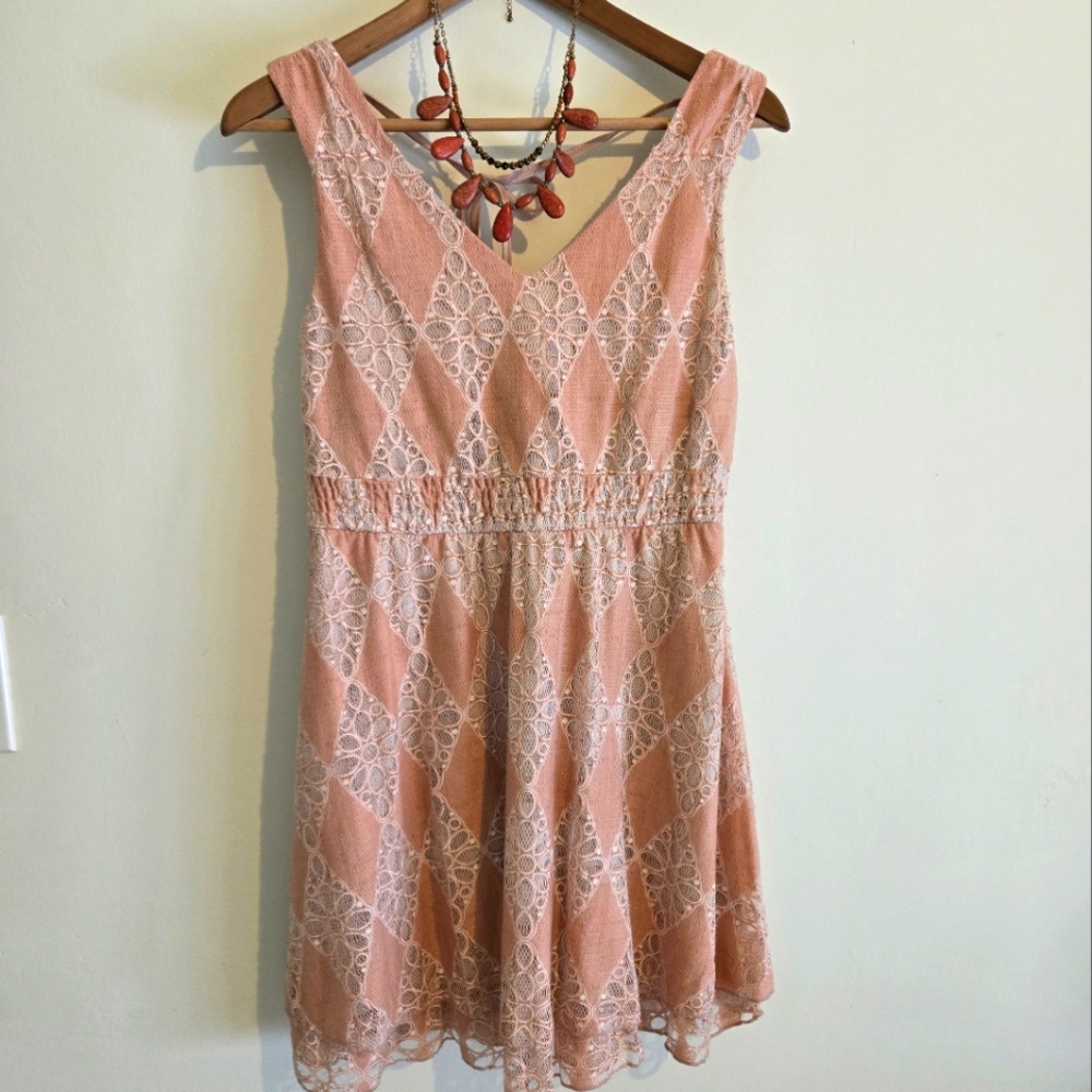 Peach Lace Dress with Coral Beaded Necklace XS